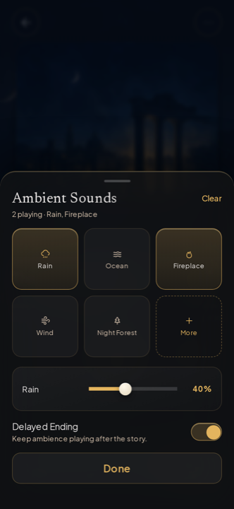 Ambient Sounds sheet with Rain and Fireplace playing